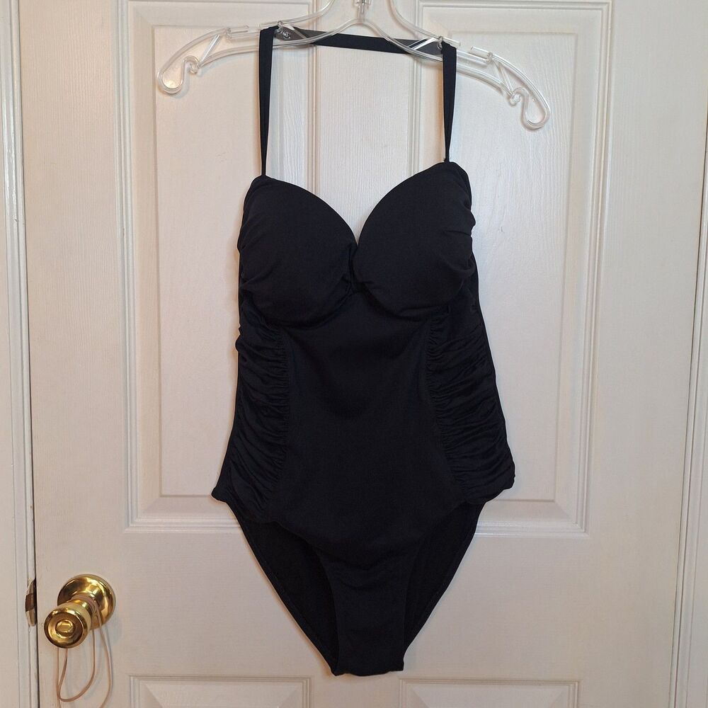 DiNelia Brazil Black Ruched One Piece Swimsuit Padded Halter Tummy Control Sz L